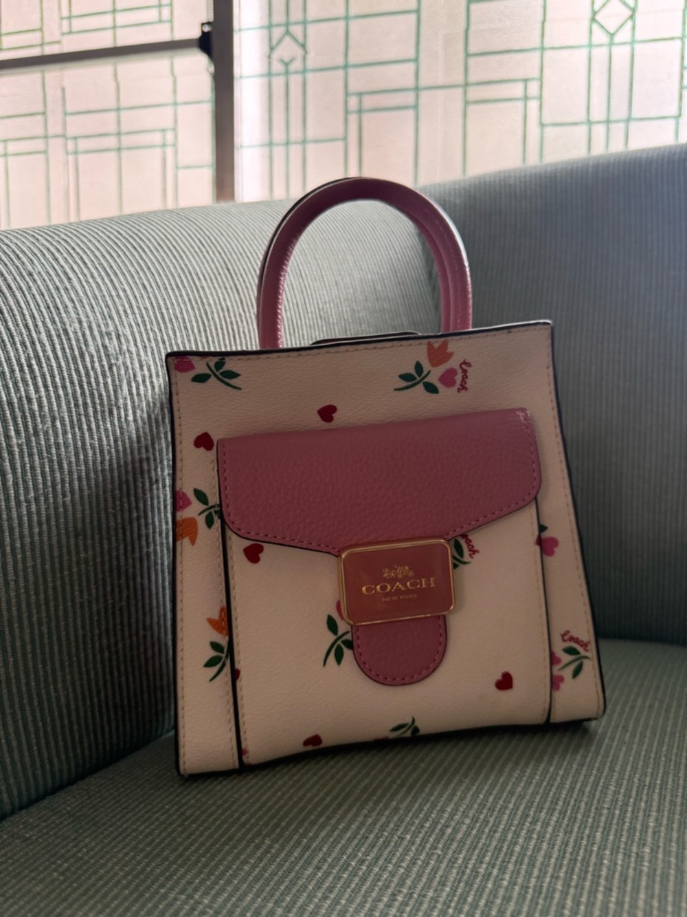 Coach Mini Top Handle Crossbody Heart Floral Print Pink Cream Tote Bag